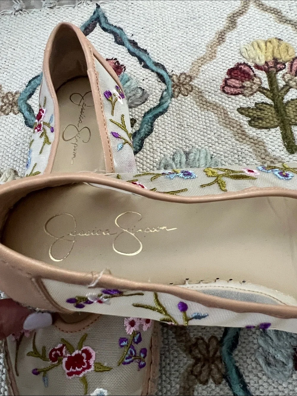 Jessica Simpson Beige Canvas Floral Embroidered Espadrilles